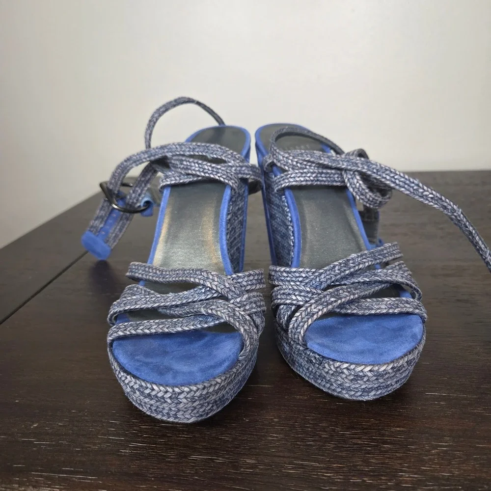 Stuart Weitzman Blue Suede Platform Wedge Sandals Strappy Women's Size 8 - Picture 4 of 10